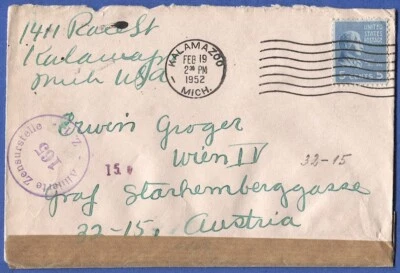 US 1952 Post WWII Censored Cover solo 5c Prexy Michigan to Occupied Austria - Image 1 of 2