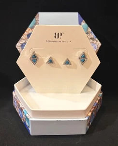 RBP7100 Bomb Party Dec 2023 Earrings”Modern Gems” Studs Turquoise On Rhodium - Picture 1 of 3