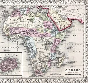 1867 Map Africa Recent Discoveries Unexplored Regions Egypt Cape Colony Arabia