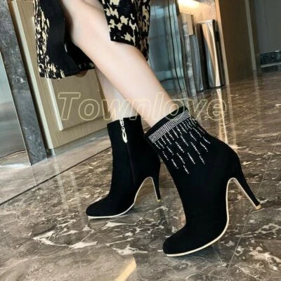 Mujeres Punta Punta Botines Stiletto Tacones Altos Brillo Cremallera Lateral Zapatos de Fiesta Foto 1 de 4