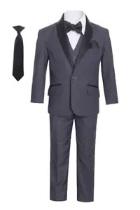 Magen Kids Boys SLIM FIT Tuxedo Bridal 7Pcs Set Suit 1-18 CHARCOAL 2 Button - Picture 1 of 5