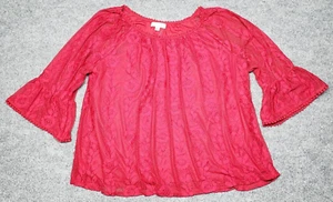 Studio JPR Blouse Womens XL Red Floral 3/4 Sleeve Bell Stretch Lined Lace New - Picture 1 of 11