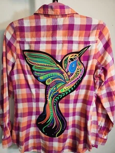Upcycled Flannel Shirt Size M, Pink w/ Neon Hummingbird Graphic- Unique! - Picture 1 of 9