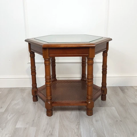 Mahogany Hexagonal Glass Top Accent Table With Caned Shelf - F230 Cover