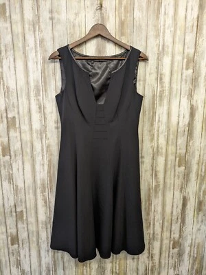 Vestido Elie Tahari Negro Sin Mangas Seda Línea A Borde Cuero Cuello en V Profundo Talla 6 Foto 1 de 4