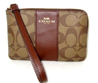Coach NEW 58035 Corner Zip Wristlet Signature Light Khaki Saddle Leather NWT $88 - Image 1 of 4