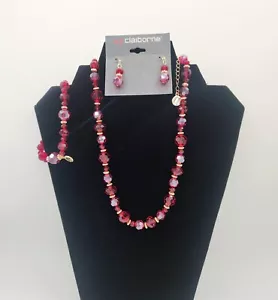 LIZ CLAIBORNE Red Pink Crystal Beaded Necklace Earrings Bracelet JEWELRY Set VTG - Picture 1 of 5