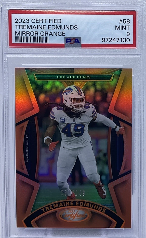 Tremaine Edmunds PSA 9 - 2023 Panini Certified ‘Mirror Orange’ /149 Bills, Bears - Image 1 of 4