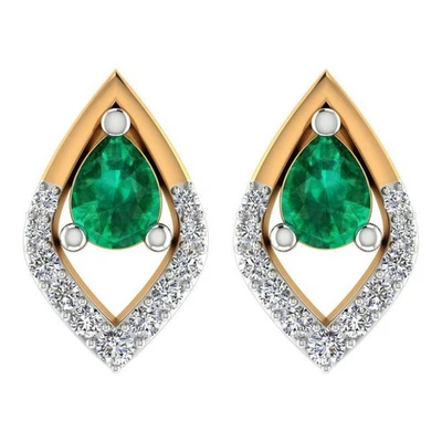 Natürliches Grün Smaragd Und Diamanten Edelstein Ohrstecker IN 14k Gelbgold p22 - Bild 1 von 4