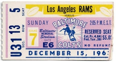 Baltimore Colts vs Los Angeles Rams 1963 talón de boleto 15/12/63 Unitas/Gabriel Foto 1 de 2