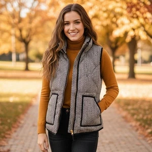 J CREW Weste Damen Gr. Small grau Fischgrät Daunen gesteppt wattiert Outdoor Taschen - Bild 1 von 15