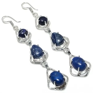 Lapis Lazuli Gemstone Handmade 925 Sterling Silver Jewelry Earring Size 3" - Picture 1 of 1