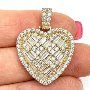 14K Yellow Gold Stone Round Baguette Pave Heart Pendant 1.1" - Picture 1 of 6