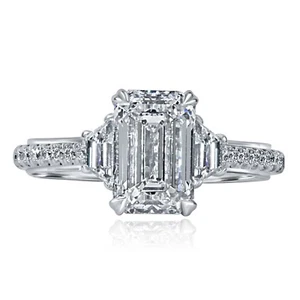 3 Stone IGI 2.01 Lab Grown Emerald Diamond Ring 14k White Gold 2.63 TCW - Picture 1 of 10