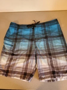 Rusty Shorts Mens Sz 38 Blue Gray Teal Plaid Bottle Opener Wax Comb Surf Swim - Picture 1 of 10