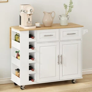 Multi-Functional Kitchen Island Cart with Two Drawers,Towel Holder, Wine Rack - Picture 1 of 10