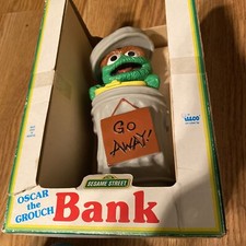 Vintage Sesame Street Oscar The Grouch Piggy Bank Garbage Can 9” Go Away Nice !!
