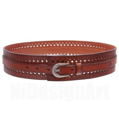 Women Wide Waist Perforated Cutout Hollow Vintage Soft Leather Boho Concho Belt - Image 1 of 4