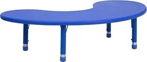 Mesa de actividades para niños de plástico azul ajustable de 35"" x 65"" de altura media luna - Imagen 1 de 5