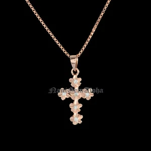 Hawaiian 925Sterling Silver 4mm Plumeria Cross Pendant 14k Pink Rose Gold Plated - Picture 1 of 2