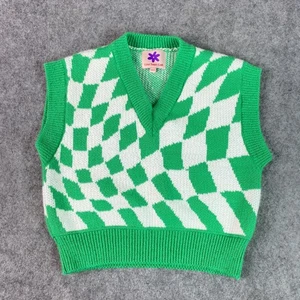 Chaleco Suéter Lisa Says Gah Mujer XS/S Verde Blanco Tejido a Cuadros Acrílico EE. UU. - Imagen 1 de 12