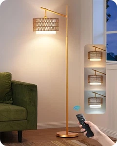 Rattan Arc Floor Lamp with Remote,Gold Farmhouse Floor Lamp with Dimmable LED... - Picture 1 of 8