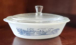 Vtg Riverboat Currier & Ives Oval Covered Casserole Dish - Glasbake J-235 - 1 Qt - Picture 1 of 11