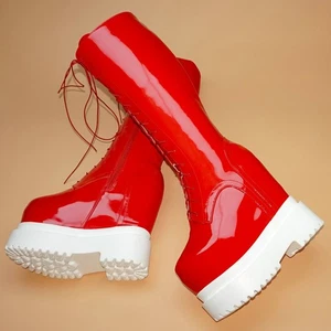 Winter Chunky Sneakers Womens Lace Up Patent Leather Wedges High Heel Snow Boots - Picture 1 of 10
