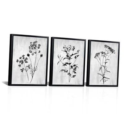  Arte de pared con flores pintura en blanco y negro lienzo enmarcado minimalista botánico  Foto 1 de 4