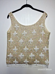 Vintage Regalia Imports Bluse Damen groß beige Wolle Pailletten Perlen Fransen Saum - Bild 1 von 14