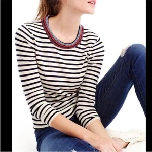 (R6) J. Crew Navy Stripe 3/4 Sleeve Beaded Neckline Merino Wool Sweater, Gr. L - Bild 1 von 13