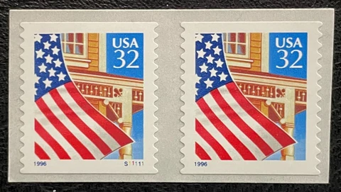 1996 Scott #2915b, 32¢, FLAG OVER PORCH - Coil Pair Blue "1996" - Mint NH Cover