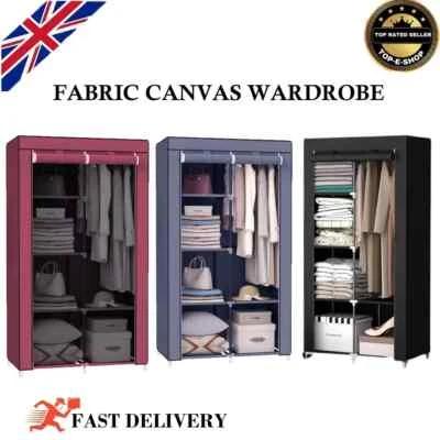 Heavy Duty Fabric Canvas Wardrobe Clothes Cupboard Hanging Rail Shelving Storage - Image 1 of 4