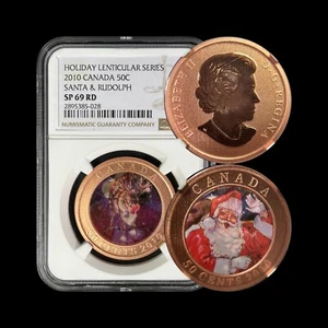 CANADA. 2010, 50 Cents - NGC MS69 - Top Pop ๐ฅ Santa & Rudolph (Lenticular) - Picture 1 of 10