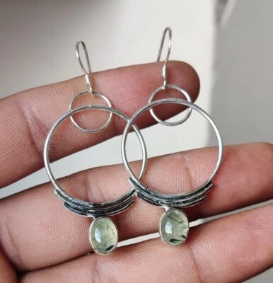 Sterling Silver Prehnite Dangle Drop Lobe Earrings Natural Gemstone Earring Gift - Image 1 of 4