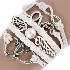 Women Wings Leather Bracelet Love Heart Bangle Multilayer Infinity Bracelets 1Pc - Picture 1 of 13