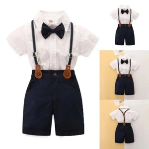 Kids Baby Boys Short Sleeve Bow Shirt Suspender Pants Gentleman Outfits Clothes - Picture 1 of 6