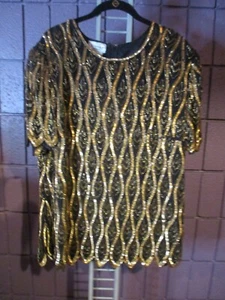 STENAY 2X / 1X Black & Gold 100% Silk Beaded & Sequined Evening Shirt - Picture 1 of 7