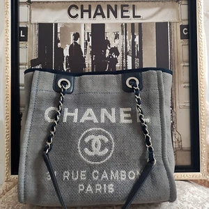 CHANEL Deauville Tote Shoulder Bag BlueGray Canvas Chain Strap CC Logo Authentic - Picture 1 of 13