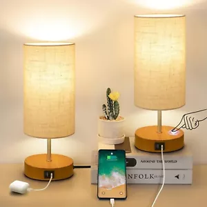 Wooden Bedside Lamps Set of 2 with USB A+C Charging Port, Touch Control Table La - Picture 1 of 8