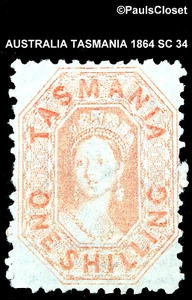 TASMANIA 1864 SC 34 QUEEN VICTORIA 1/- VERMILLION MINT NO GUM WM 49, 139 FINE - Picture 1 of 2