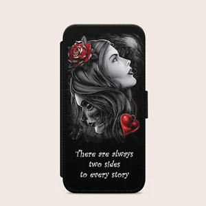 Gothic Girl Totenkopf Kunst Rose Flip Wallet Handy Cover Case iPhone Samsung Pixel - Bild 1 von 3