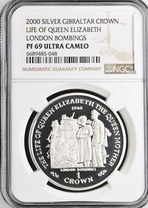 2000 GIBRALTAR SILVER PROOF 1 CROWN COIN LONDON BOMBINGS- NGC PF69 ULTRA CAMEO - Picture 1 of 2