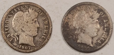 1899-S & 1907-S BARBER DIMES, LOT OF 2, STRONG DETAILS, ENVIRONMENTAL DAMAGE Cover