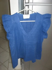 DONNA DONNA BLUE LINEN V-NECK TOP WITH DOUBLE FRILL AROUND ARMHOLE SIZE XS - Picture 1 of 3