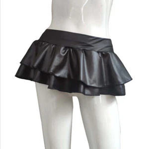 Women Mini Layered Faux Leather PU Ruffle Mini Dance Skirt Retro Wet Look Skirt - Picture 1 of 7