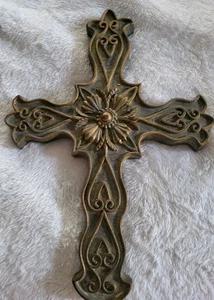 Decorazione da parete cristiana religiosa croce 11" ornata grigia con oro circa - Foto 1 di 3