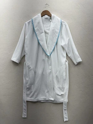Bata de baño Adonna blanca mediana con ribete azul corta vintage para mujer Foto 1 de 4