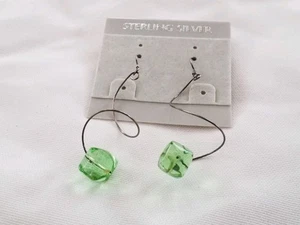 Sterling Silver Dangle Spiral Earrings Green Glass Bead Handmade Artisan Jewelry - Picture 1 of 6