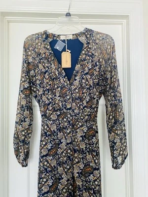 NWT Natural Life Blue Paisley Floral Dress LS Sparkly BackTie Button Up Lined S - Image 1 of 4